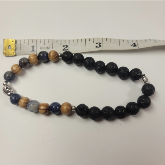 Men's Black Lava, Blue, and Wooden Beaded Stretch Bracelet with Skeleton - Picture 8 of 8